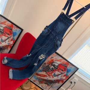 SHEIN Dark Blue Distressed Denim Overalls for Men